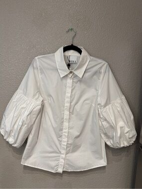 WEILL Anael Blanc White Puff Sleeve Button Front Cotton Blouse Size 2 NWT $355